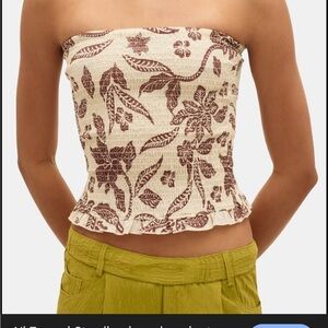 Smocked Strapless Floral Tube Top - Cream/Brown